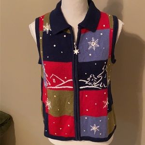 Breckinridge Holiday Zip Front Sleeveless Sweater Vest - Petite Small
